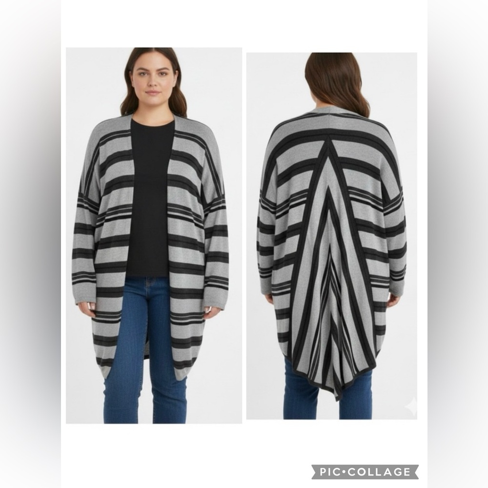 Vince Camuto Cardigan Striped High Low Open Front Grey 3X Duster Chic Work Knit